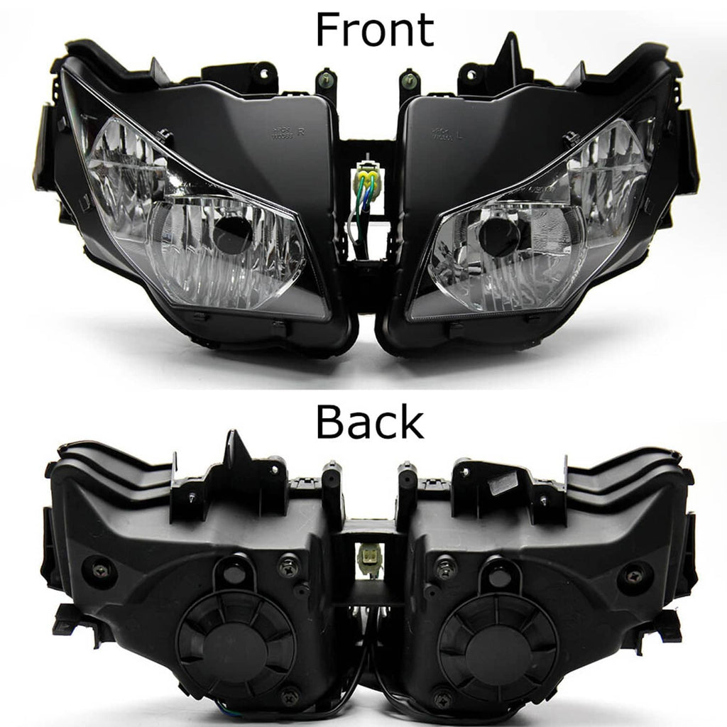 Motorcycle headlight assembly front and rear views with dual clear lamps