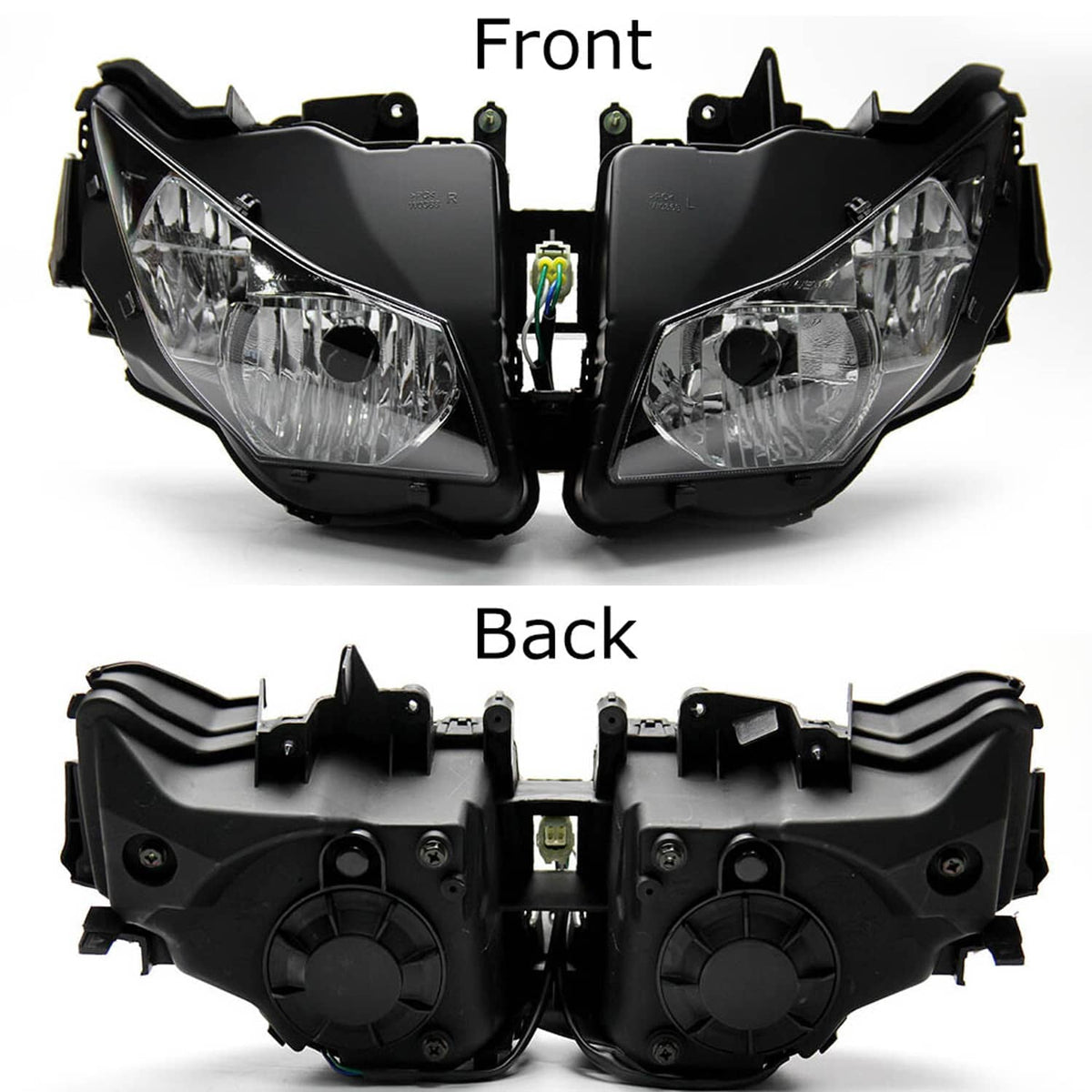 Motorcycle headlight assembly front and rear views with dual clear lamps