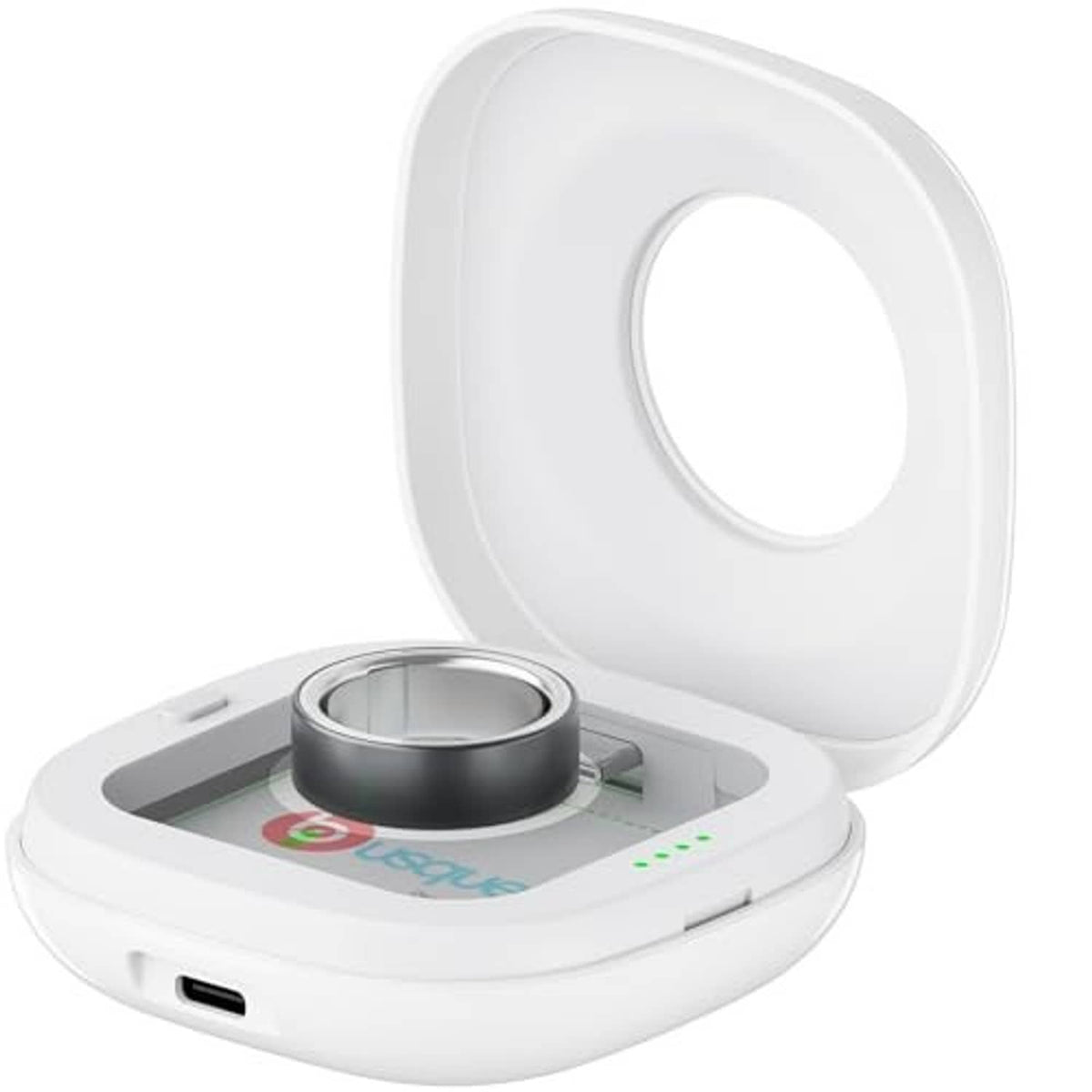 White portable charging case with circular charging dock open, compact travel charger