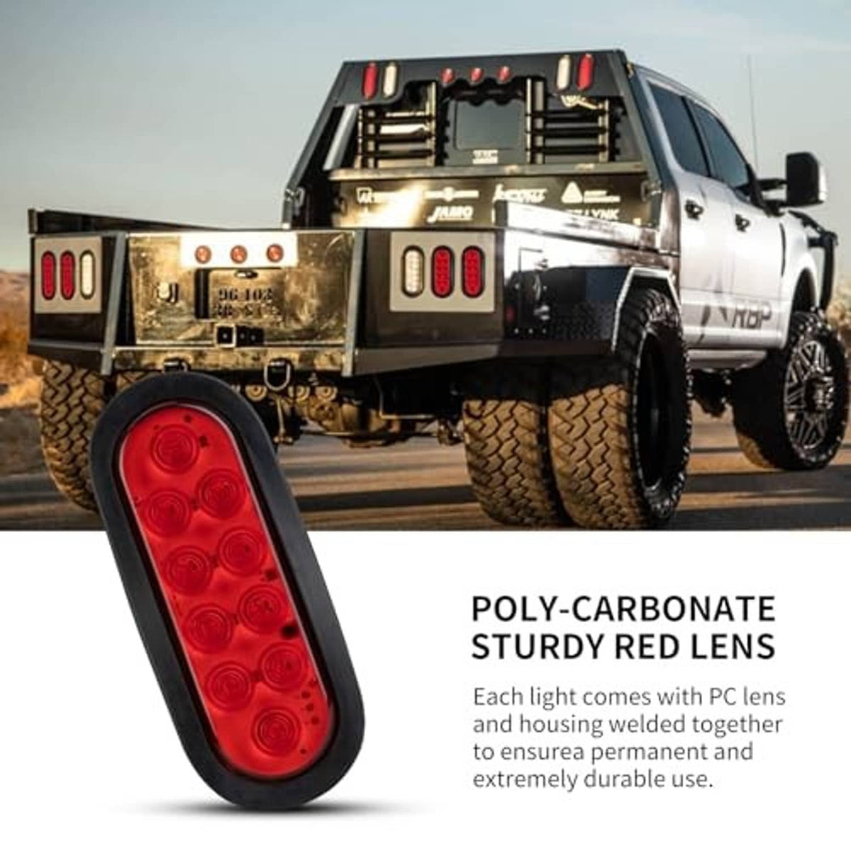 Single red oval LED trailer tail light with polycarbonate lens on a vehicle