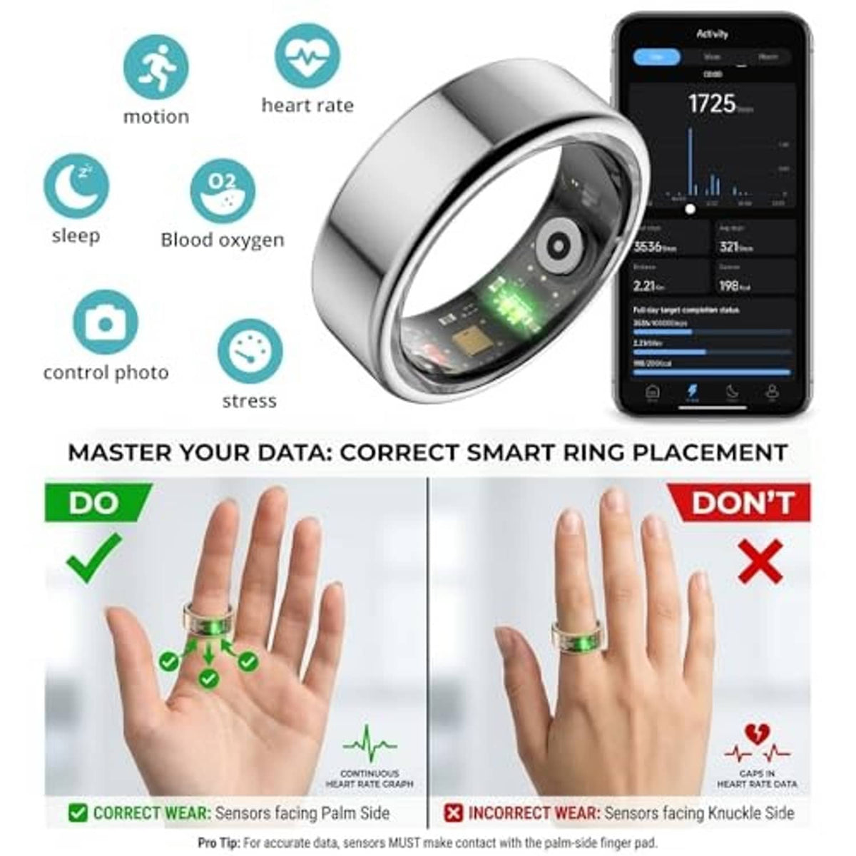 Silver smart ring on hand with feature icons and smartphone health display