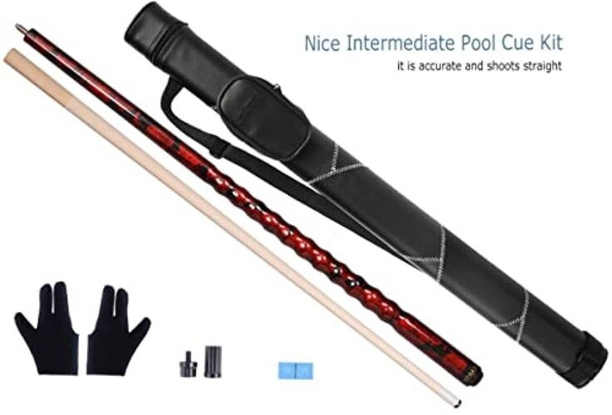 Pool cue kit set with hard case, two cue sticks, and small accessory pieces.