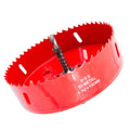 Red HSS hole saw cutter with arbor drill bit and toothed rim for clean circular holes