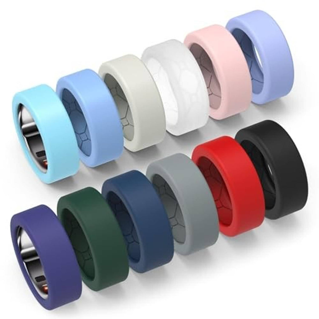 Multicolor silicone ring covers set featuring blue, white, pink, purple, red, and black sleeves