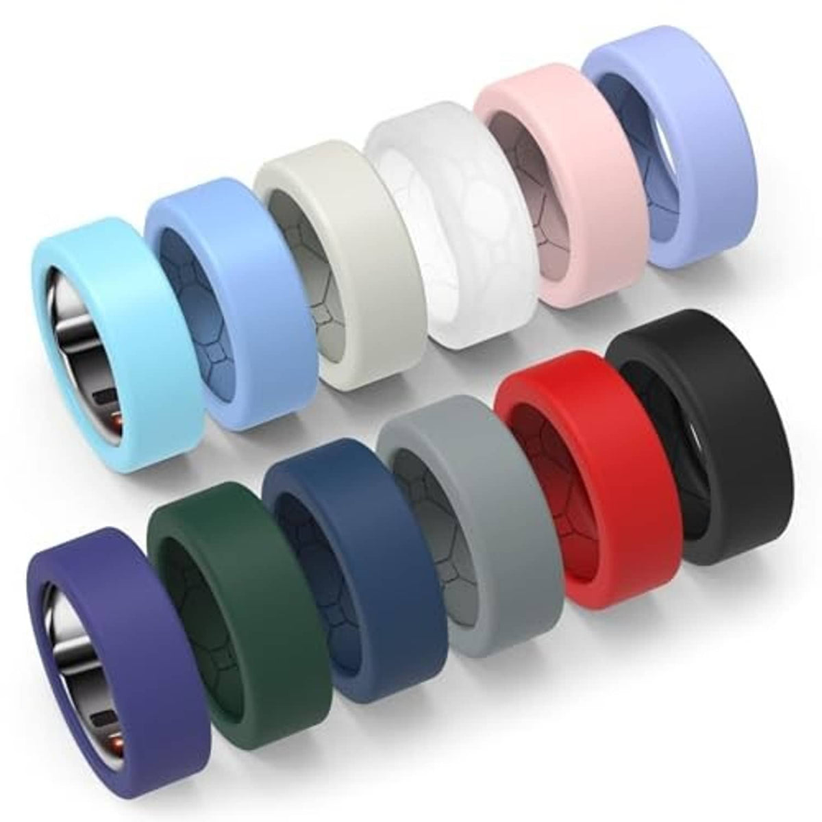 Multicolor silicone ring covers set featuring blue, white, pink, purple, red, and black sleeves