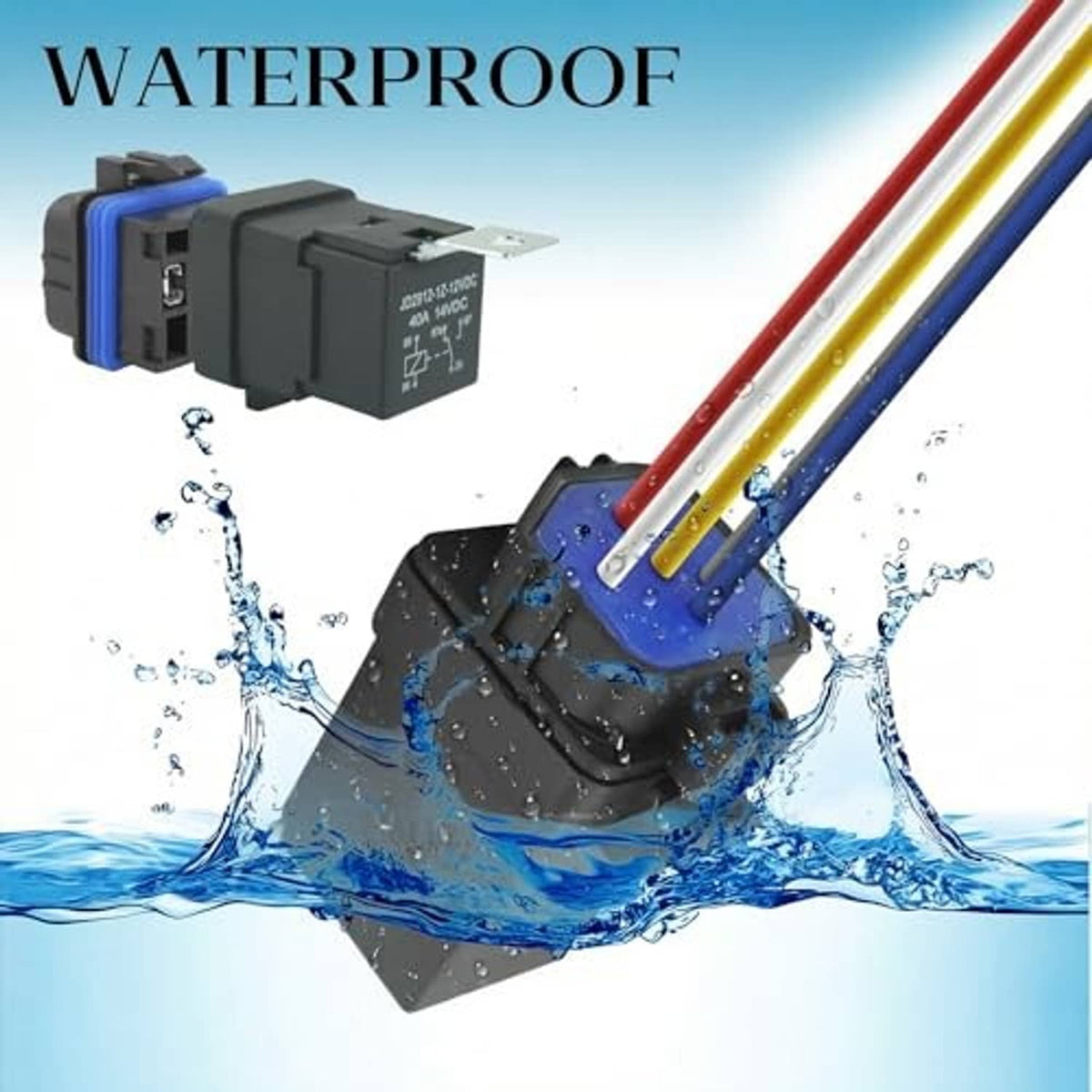 Waterproof 5-pin relay switch with black body, blue seal, and red/blue/yellow wire leads