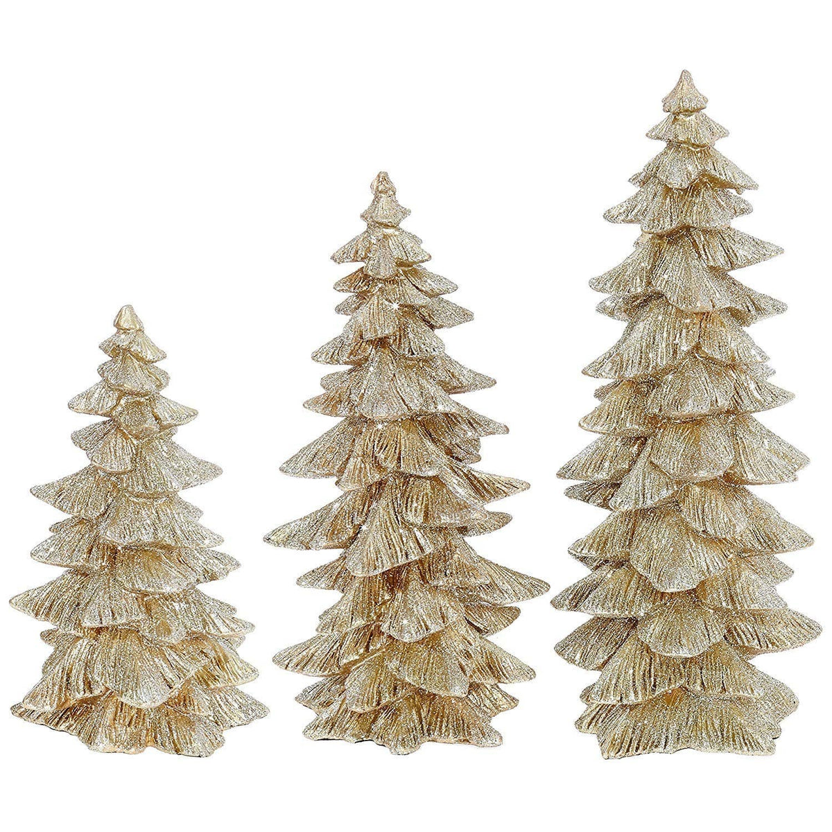 Set of 3 glittered tabletop Christmas trees, champagne gold