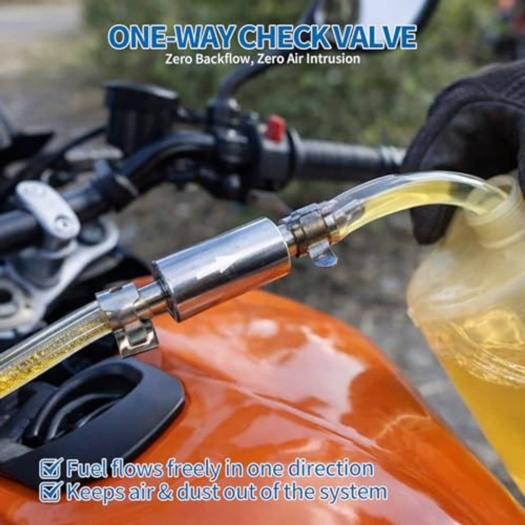 Brake bleeding kit installed: metal check valve with clear hose dispensing fluid