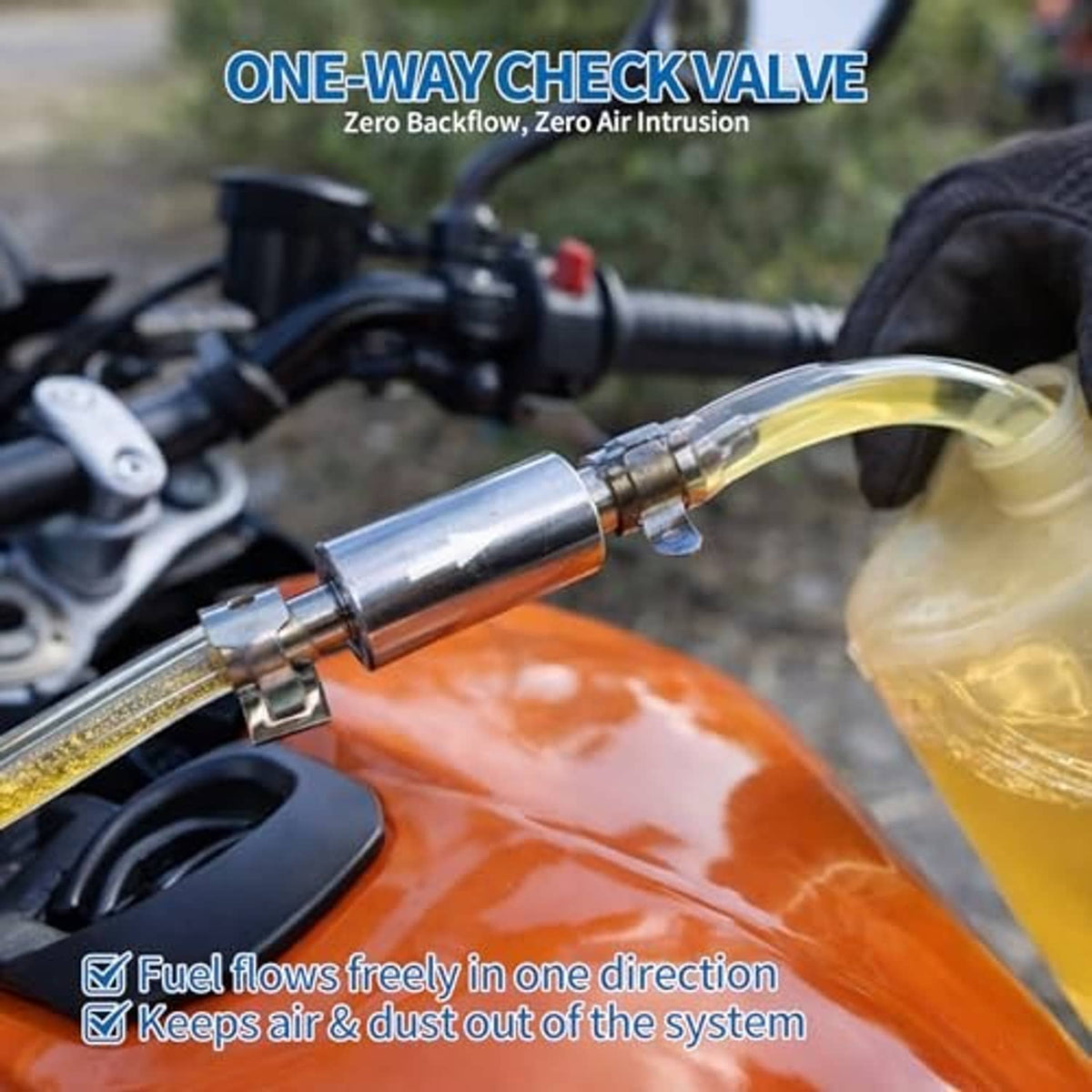 Brake bleeding kit installed: metal check valve with clear hose dispensing fluid