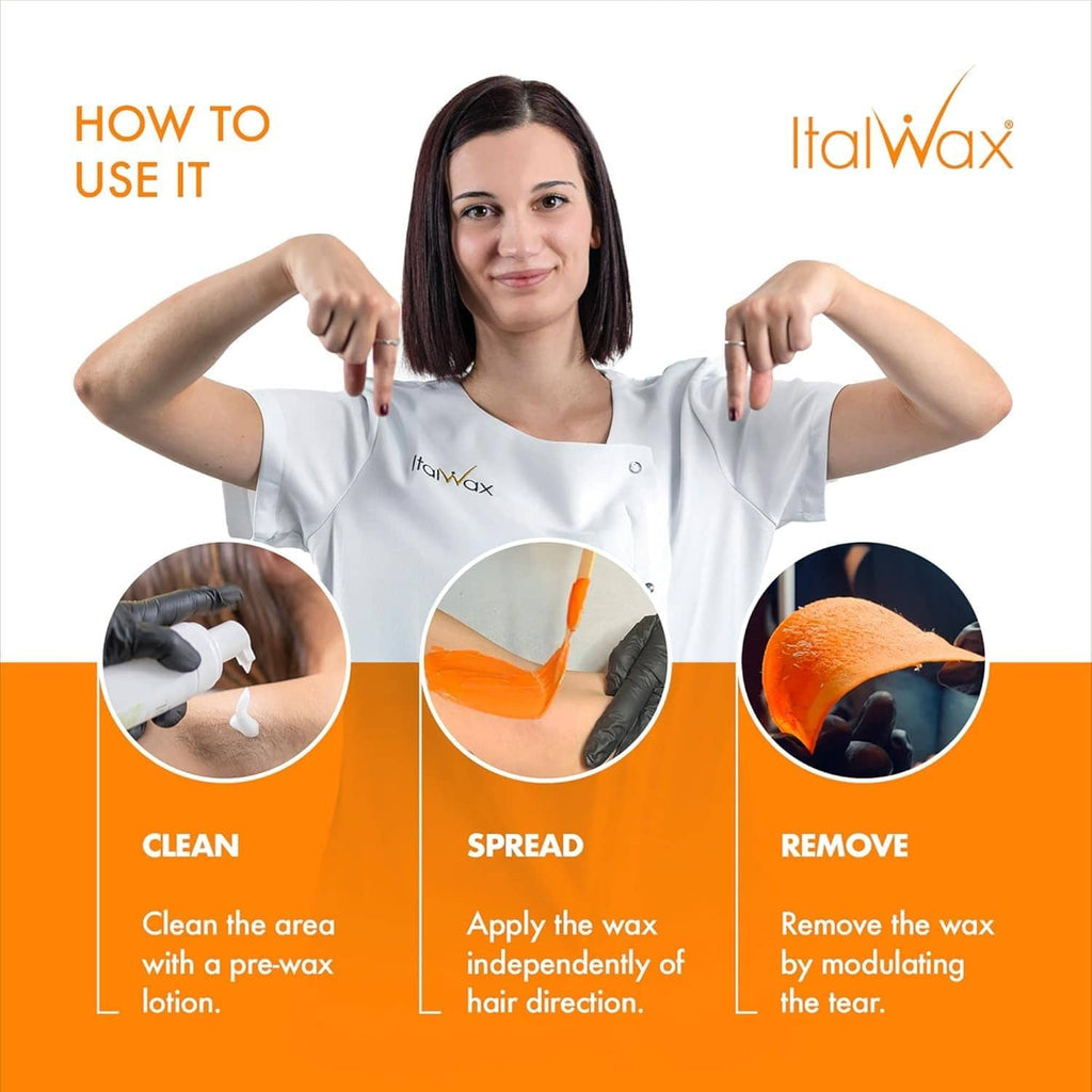 Model showing coral hard wax use: clean area, spread wax, remove with modulating tear.