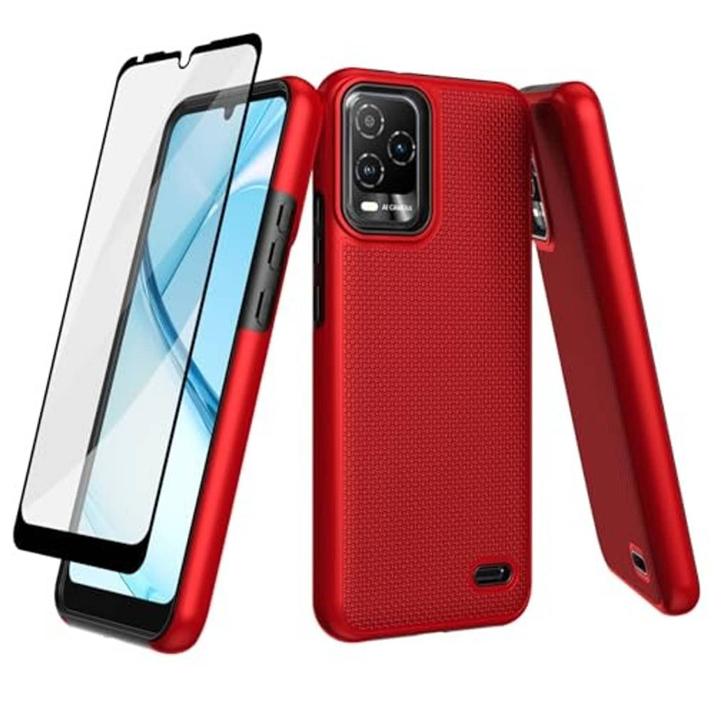 Red non-slip textured case with screen protector, side buttons, and camera cutout