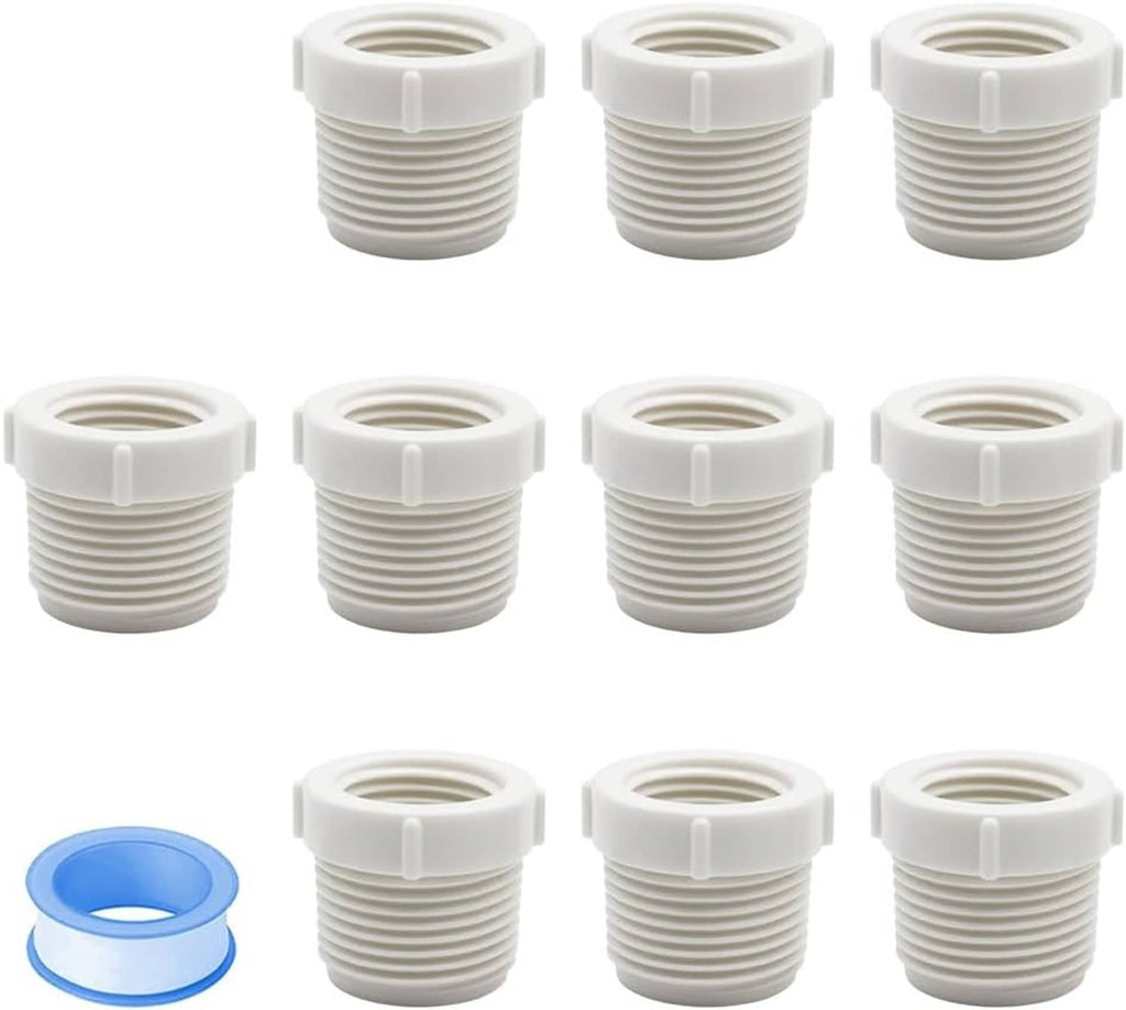 White PVC threaded pipe fitting adapters, multiple 3/4 male to 1/2 female connectors