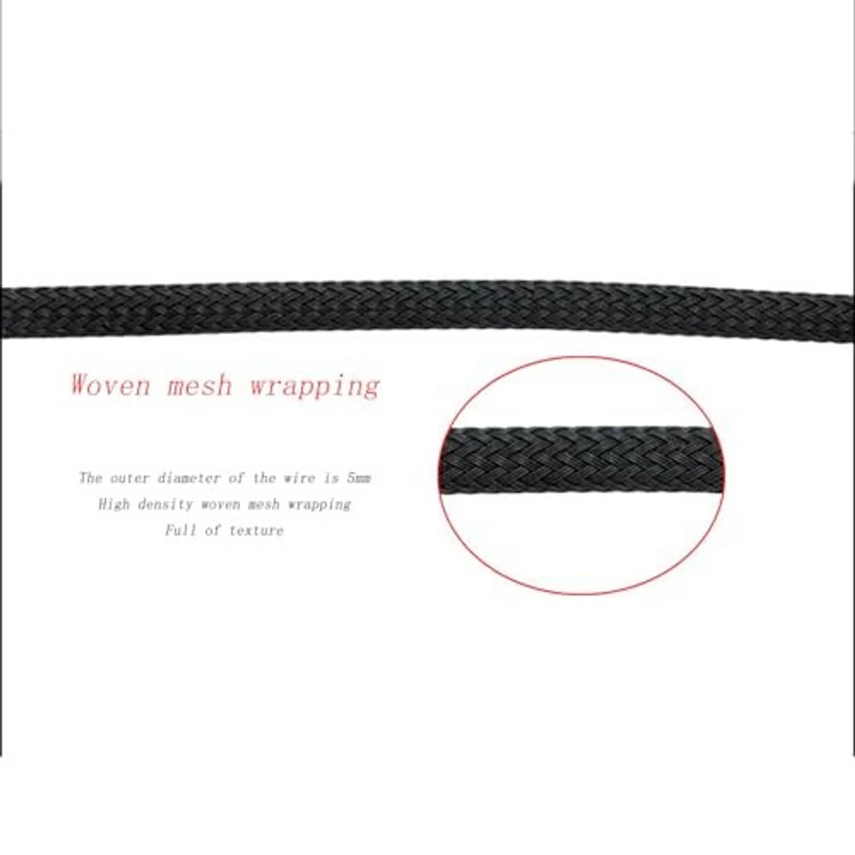 Black braided mesh cable sleeve with woven texture