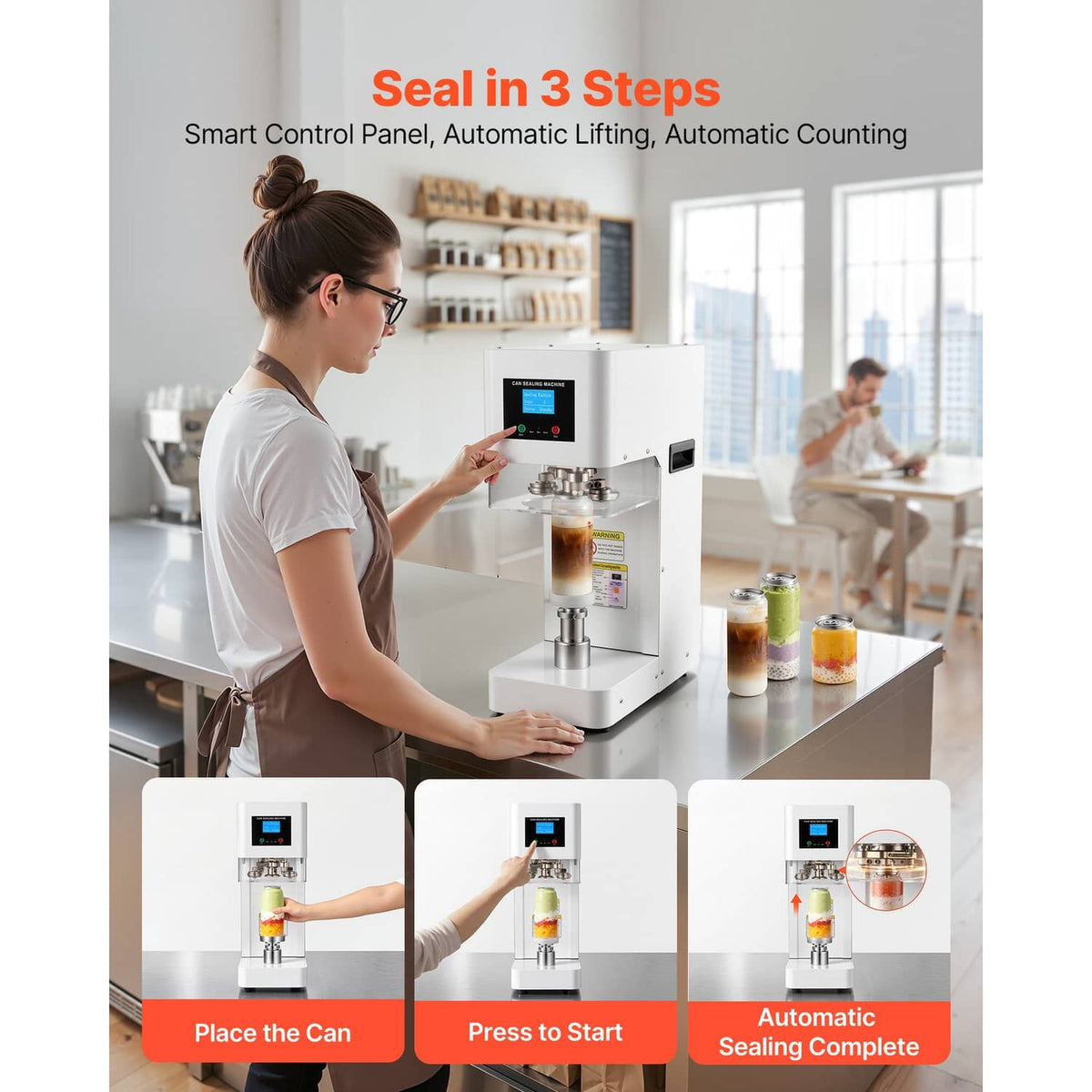 White automatic can sealing machine in use, with can positioned under the sealing head.