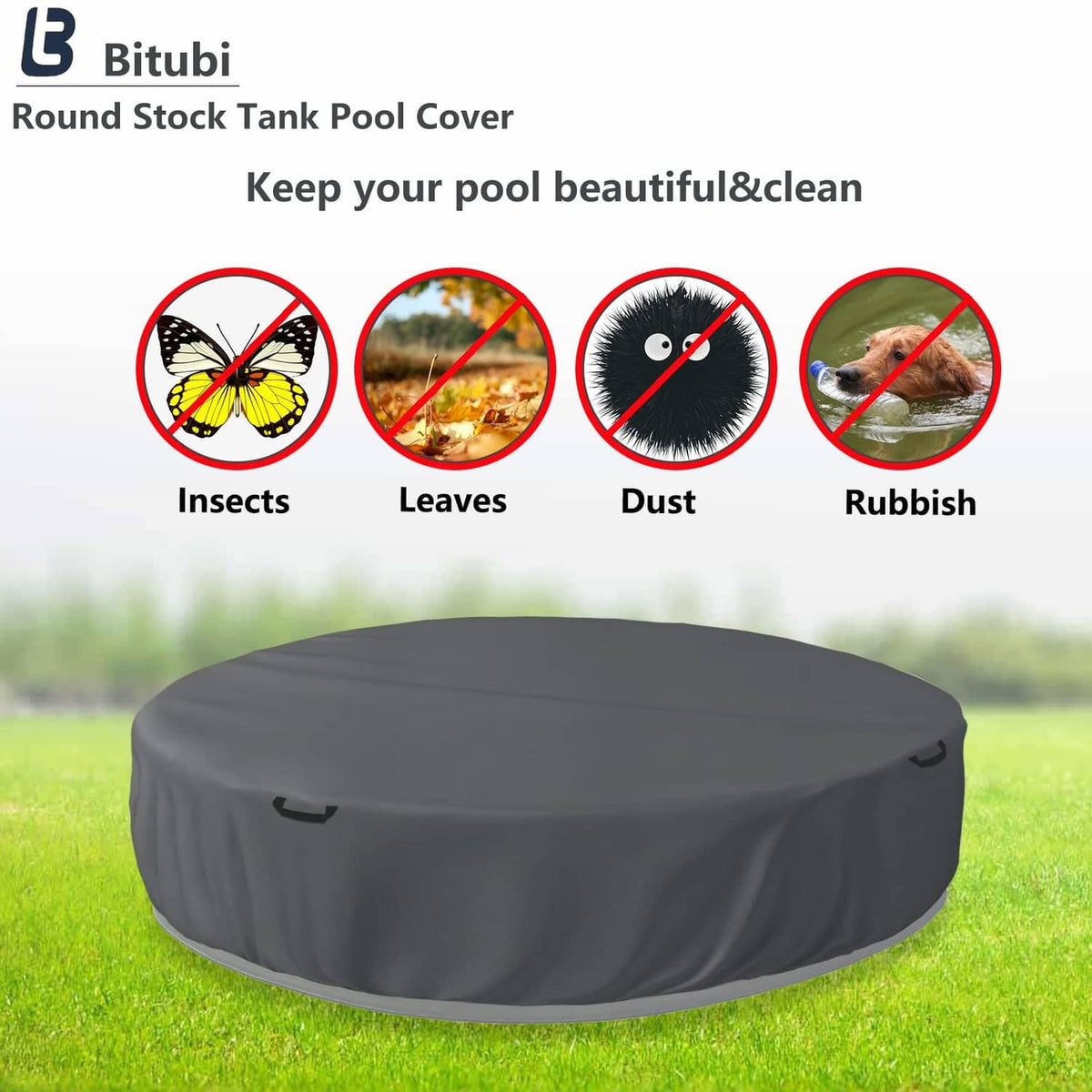 Grey round stock tank pool cover with side tabs and elastic drawstring.