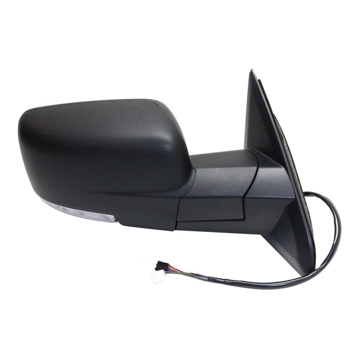 Black side mirror with exposed harness wires and mounting bracket