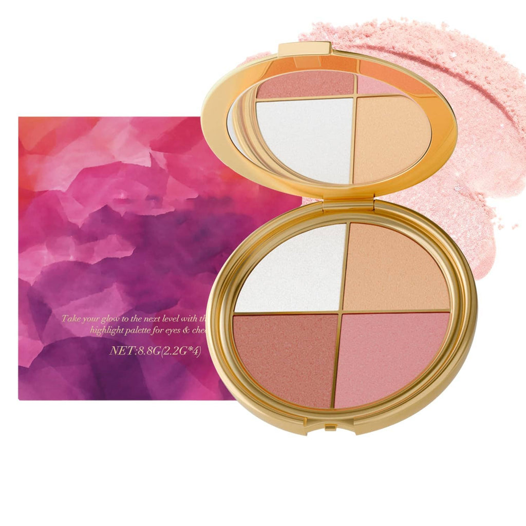 Round four-pan makeup palette in gold with mirror; beige, tan, pink and rose shades