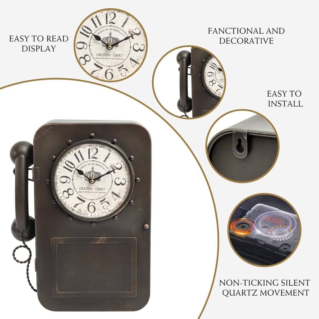 Dark brown wall clock with round dial, side handle, and built-in hidden storage compartment