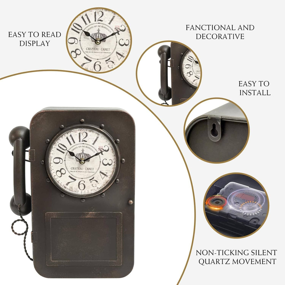 Dark brown wall clock with round dial, side handle, and built-in hidden storage compartment