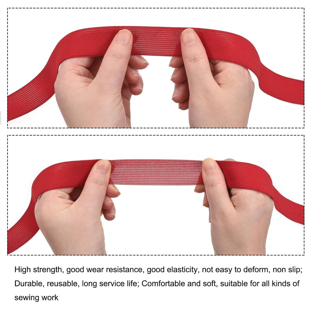 Elastic band strip, red, held between fingers for stretching