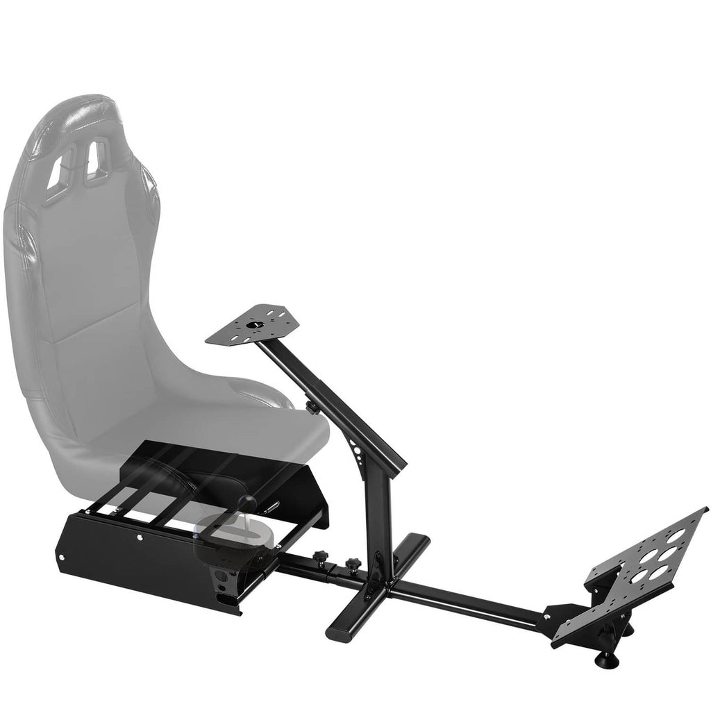 Racing simulator wheel stand with gray seat and black pedal platform with mounted supports