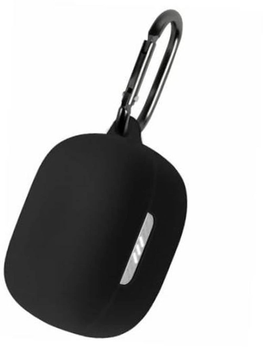 Black silicone earbud charging case with attached metal keyring clip