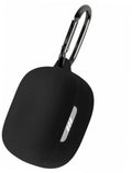 Black silicone earbud charging case with attached metal keyring clip
