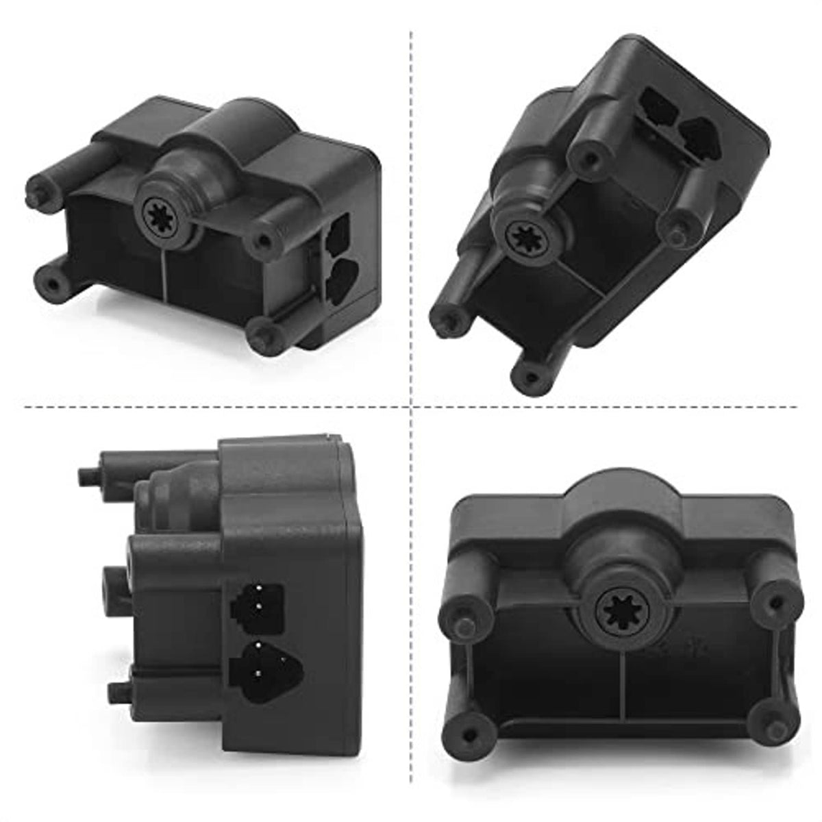 Black throttle potentiometer accelerator shown from multiple angles with mounting holes