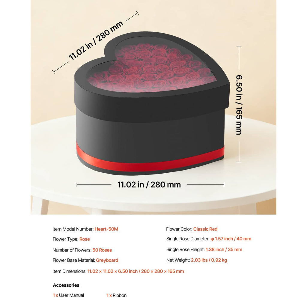 Heart-shaped rose gift box dimensions view, black box with red ribbon band and roses