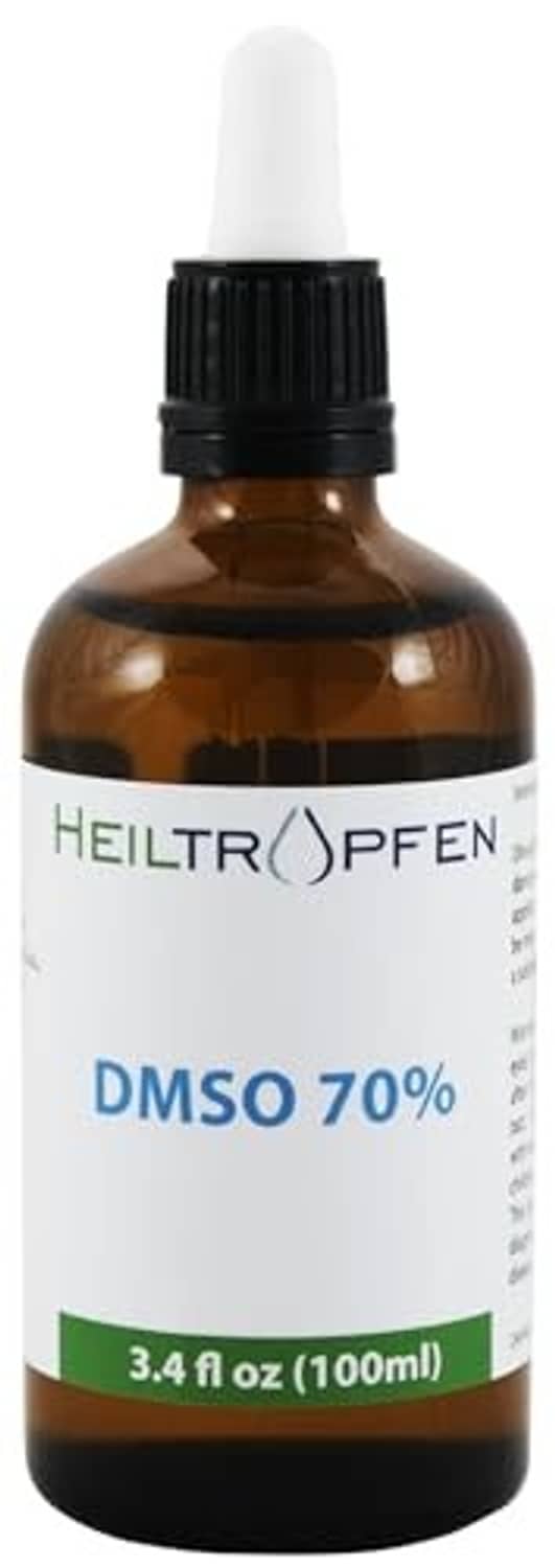 Amber glass DMSO 70% liquid bottle with white dropper and black ribbed cap