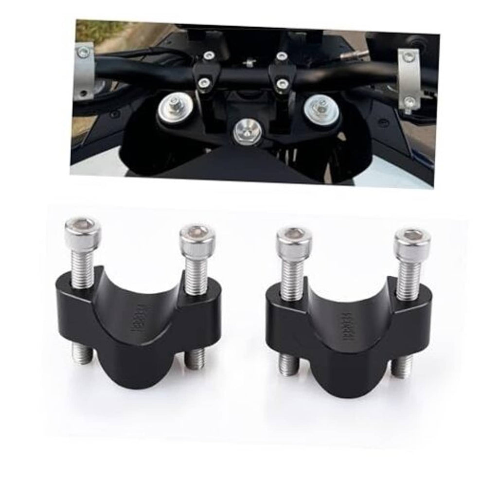 Black handlebar riser clamp set with four threaded bolts and U-shaped brackets