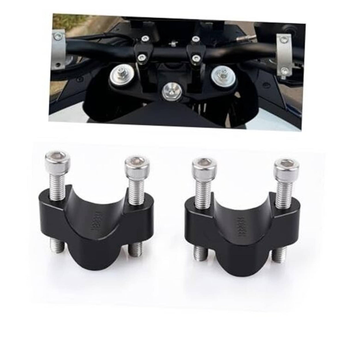 Black handlebar riser clamp set with four threaded bolts and U-shaped brackets