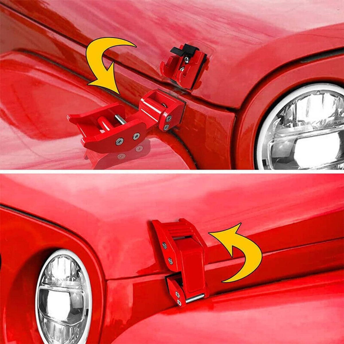 Red hood latch lock on a vehicle fender/hood area, showing striker bracket