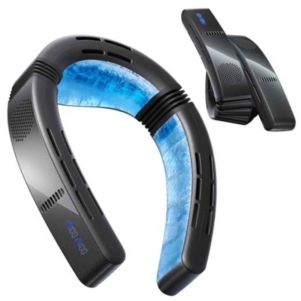 Foldable black neck air conditioner with vented fan openings, shown in open view.
