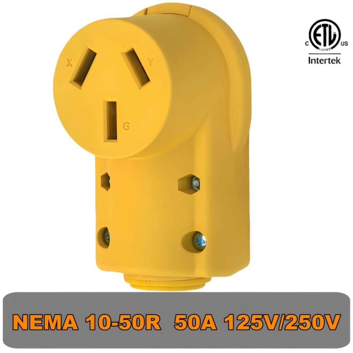 Industrial yellow NEMA 10-50R female receptacle with 3-pole slots and ETL/Intertek label
