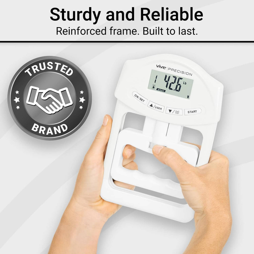 White grip strength tester with LCD display and hands gripping the handle
