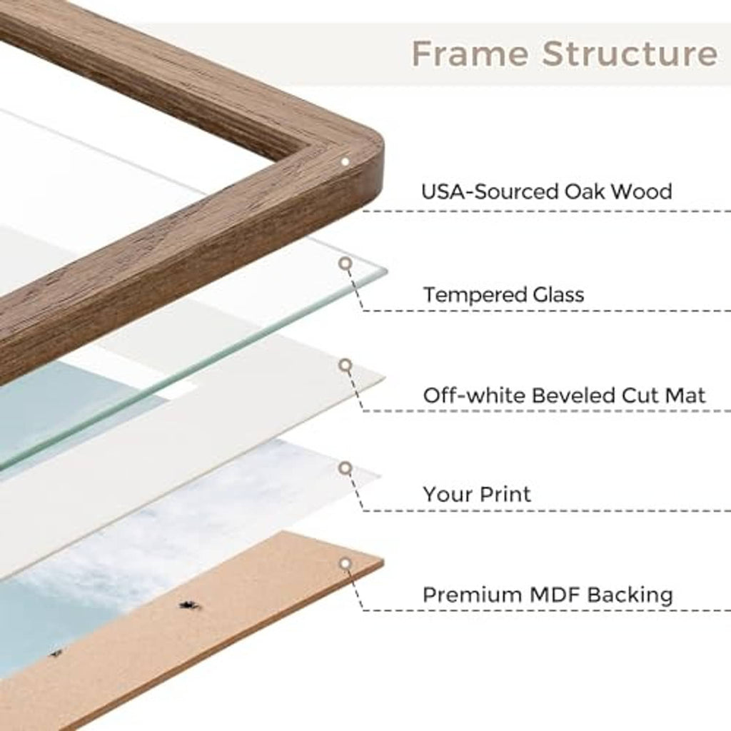 Solid oak square picture frame with clear glass, mat, and MDF backing.