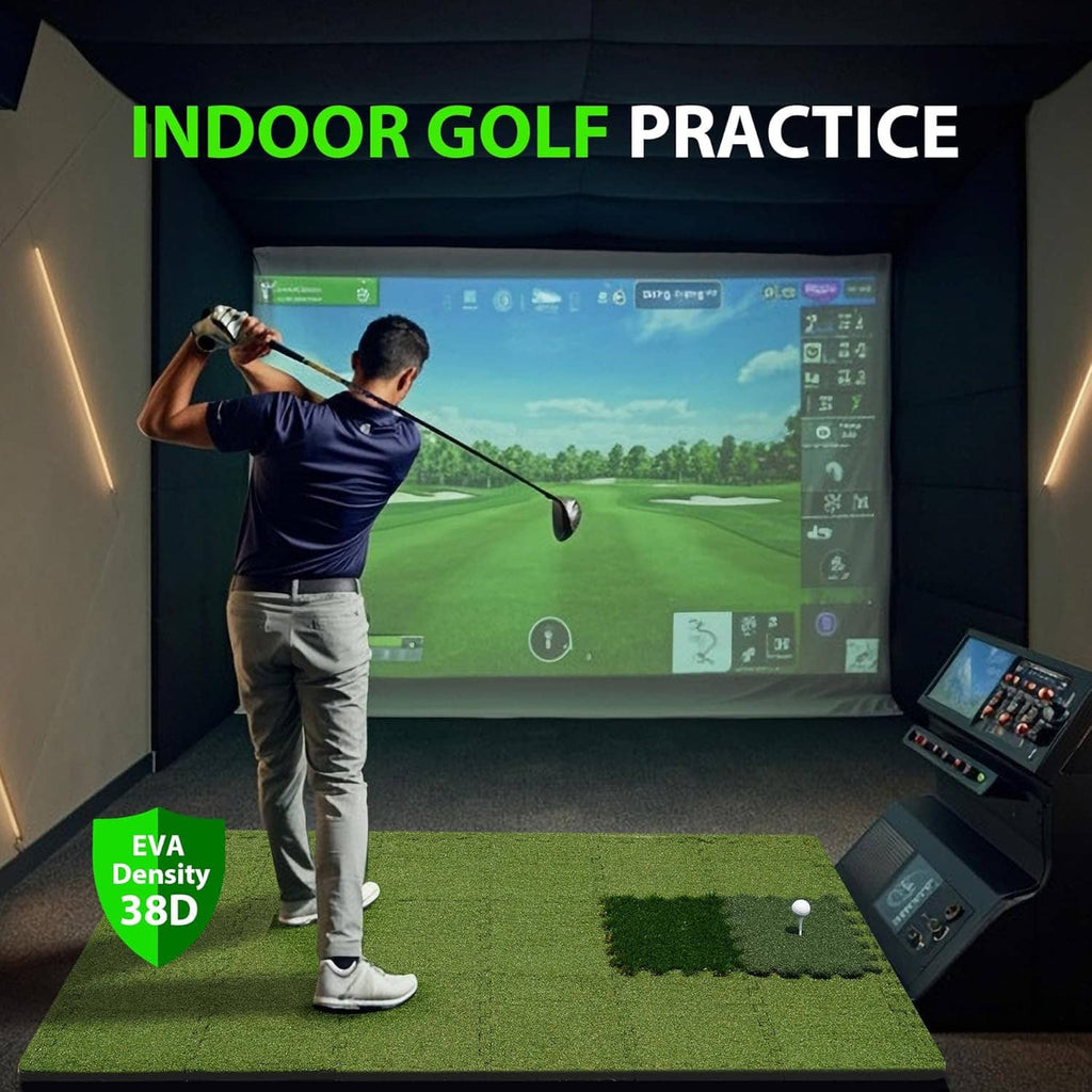 Tri-turf golf hitting mat on a floor with a golfer practicing indoors and a view of the bay