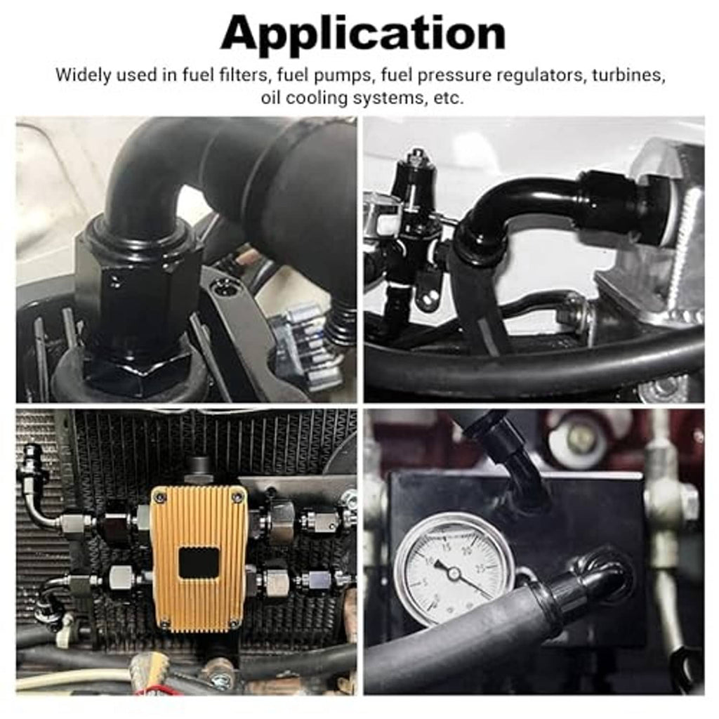 Black 90-degree AN hose end fitting installed on engine fuel lines