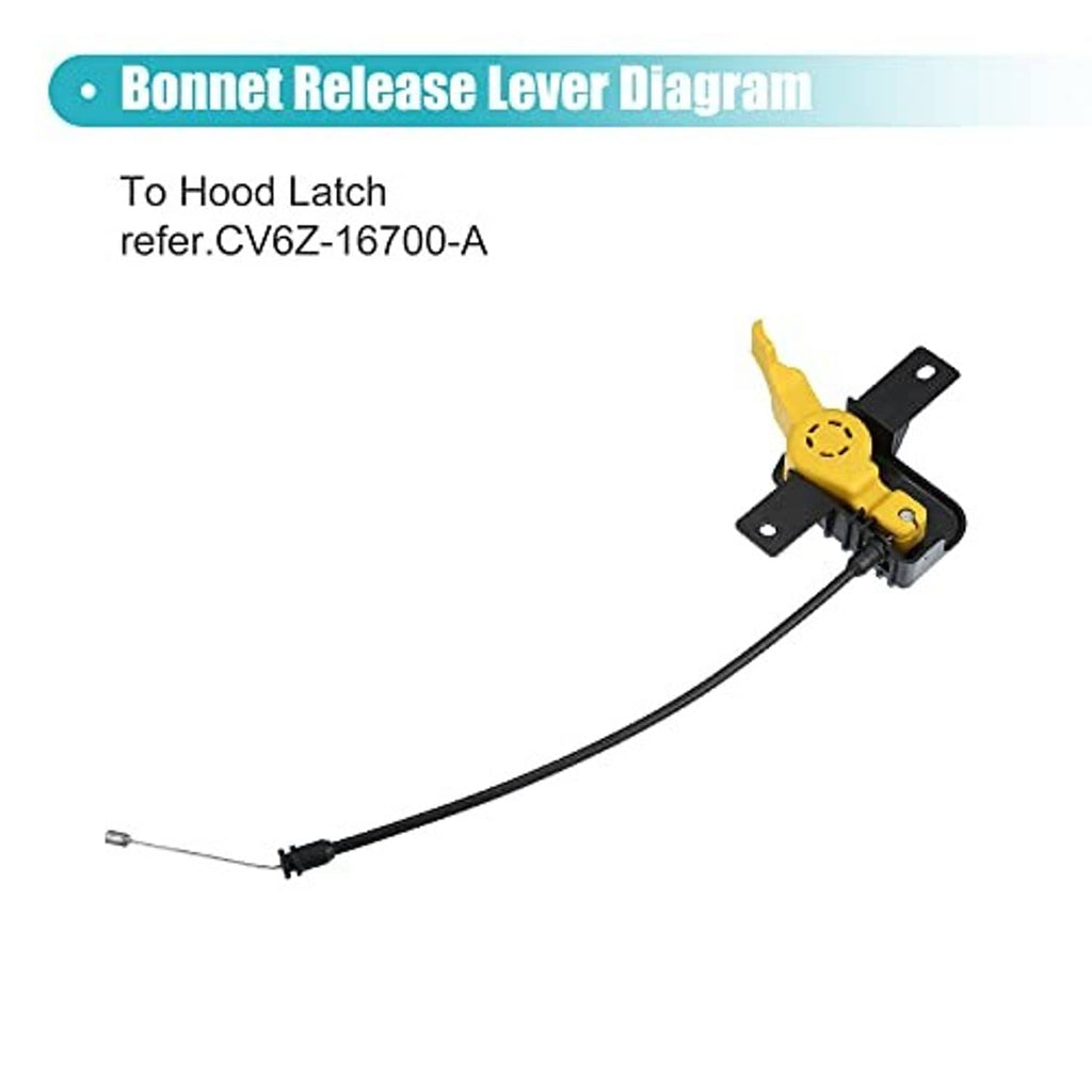 Hood release cable with yellow latch, black cable, and metal release end