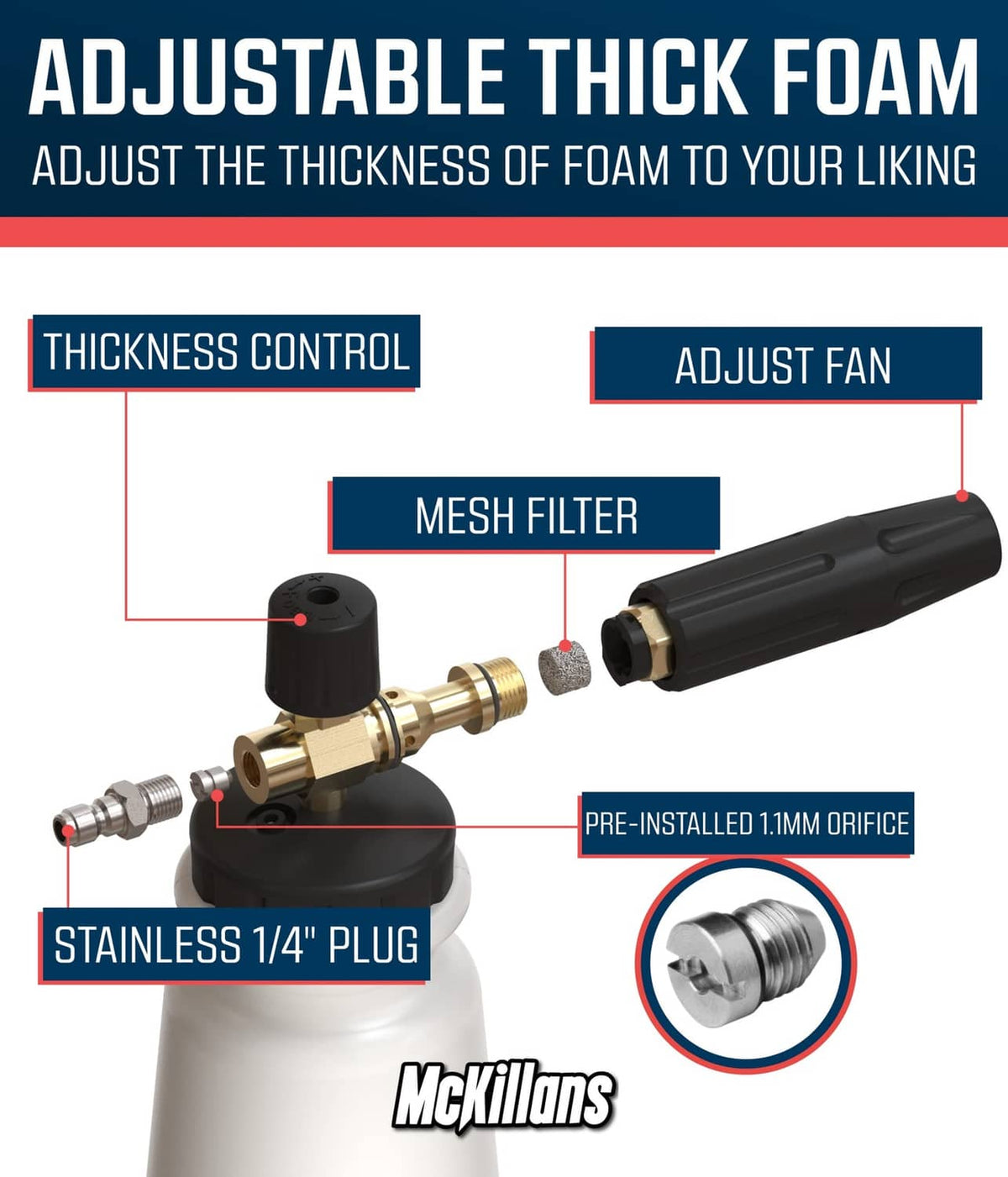 Foam cannon sprayer head with brass fittings, mesh filter, and adjustable foam control