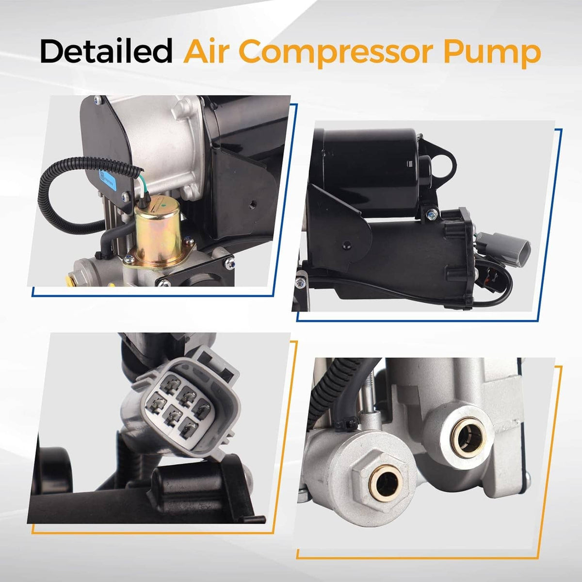 Air suspension compressor pump detailed comparison graphic with callouts of connectors and parts