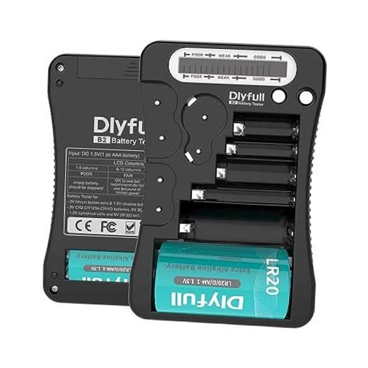 Battery tester with LCD screen and multiple battery slots for AA, AAA, and 9V sizes
