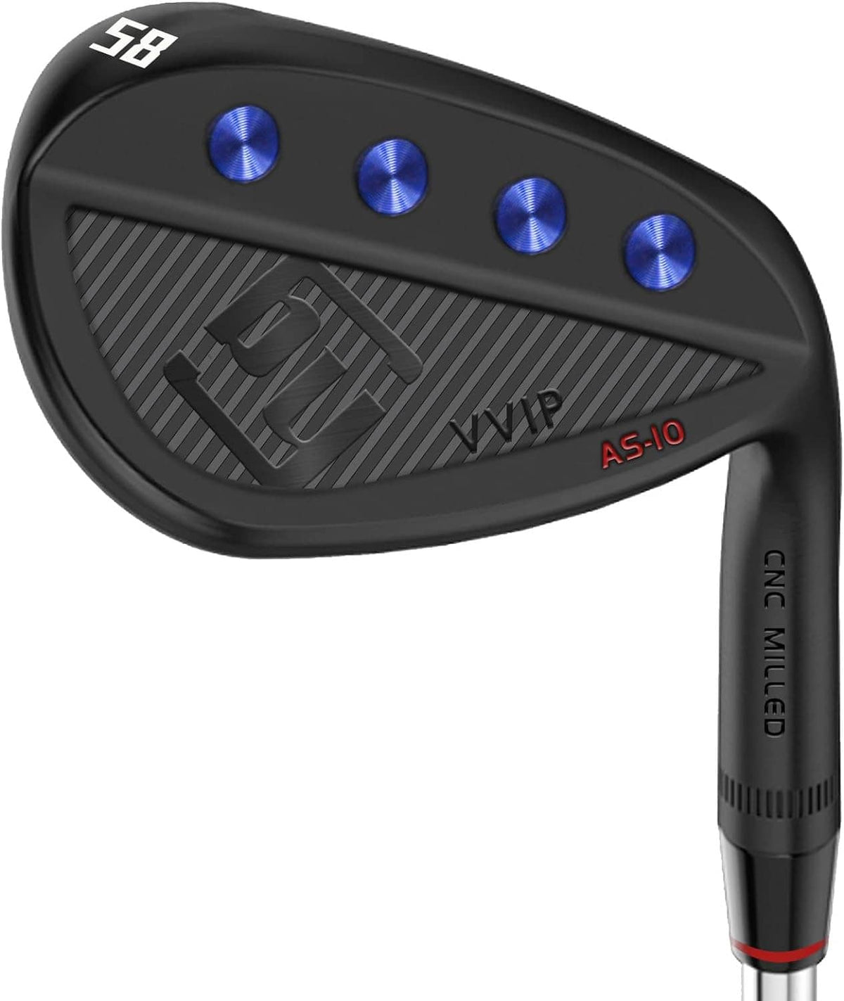 Black 58-degree golf wedge with blue face inserts and black milled shaft