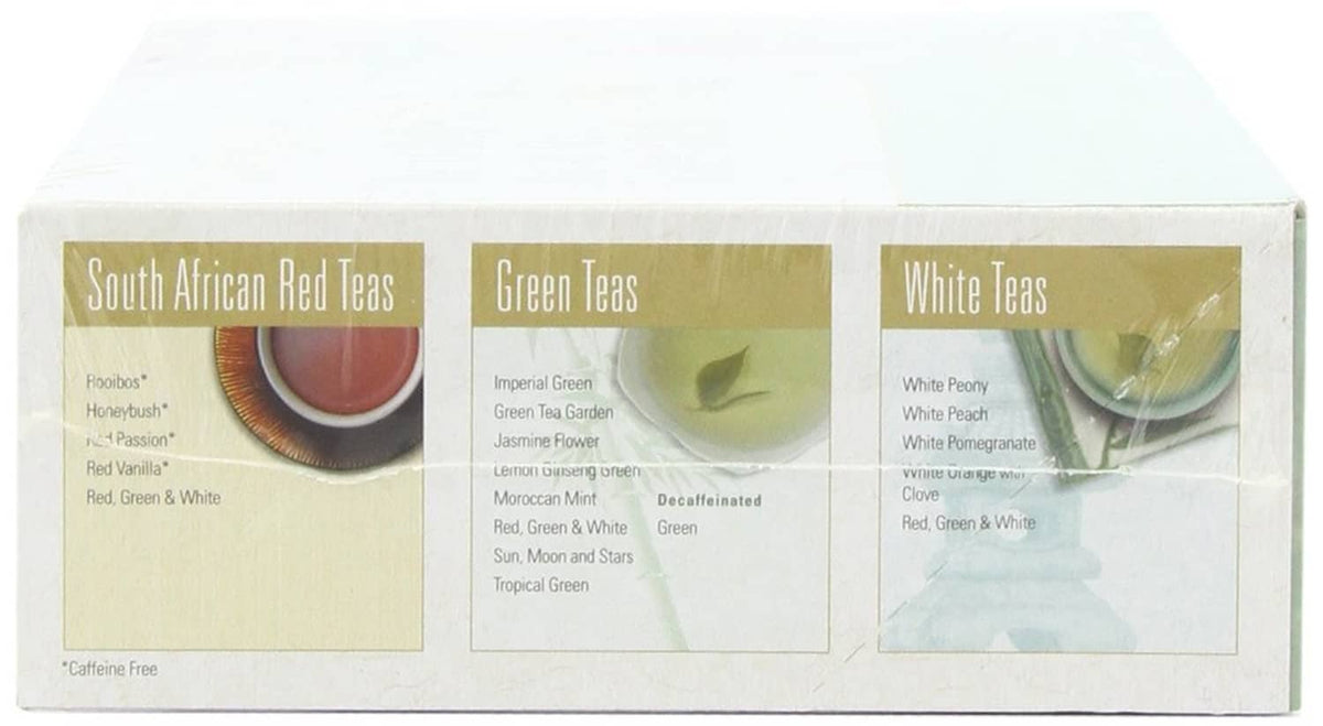 Tea sampler box showing South African Red Teas, Green Teas, and White Teas lists