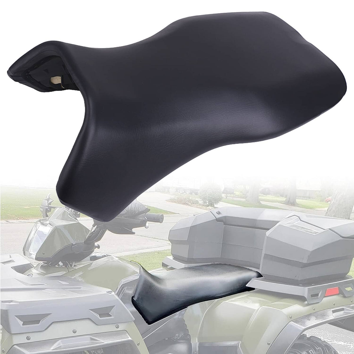 Black ATV front rider seat and rear backrest, contoured with molded edges