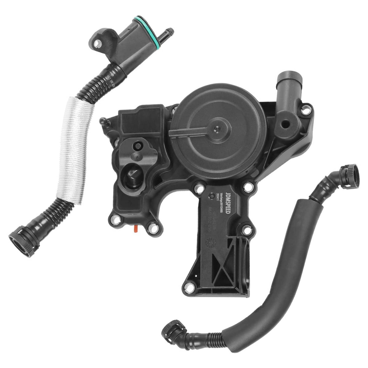 PCV oil separator valve assembly with attached black hoses and mounting bracket