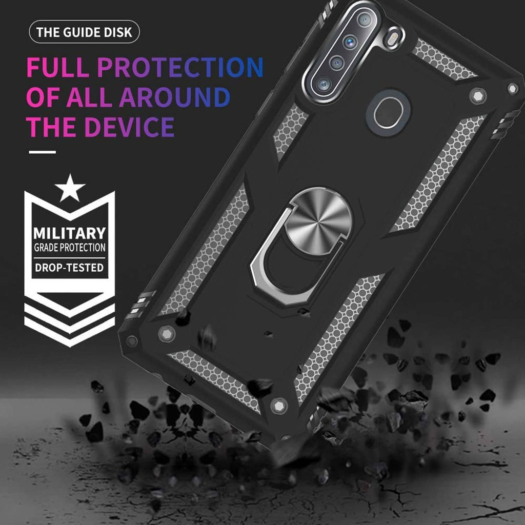 Black rugged phone case with textured grip panels and metal ring kickstand