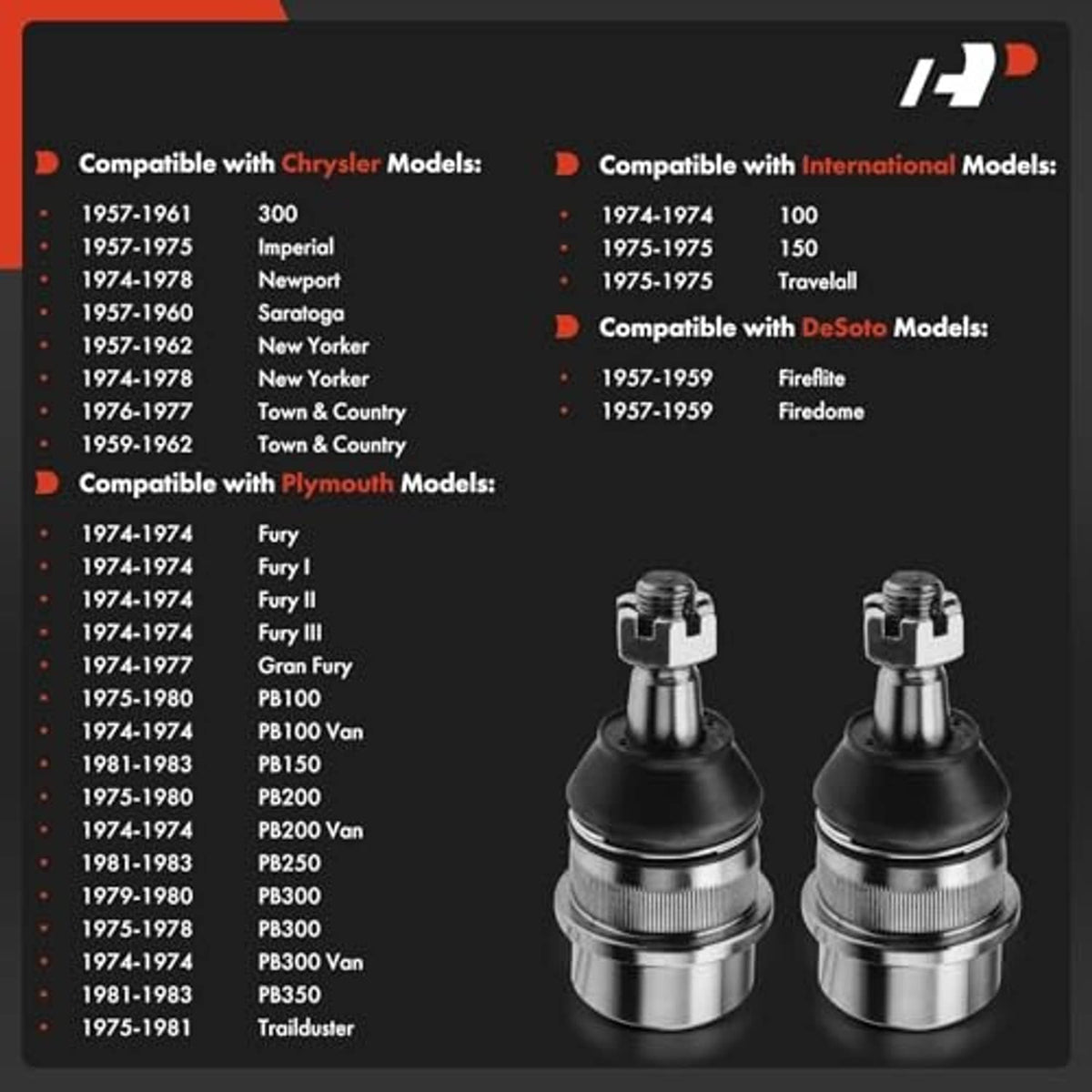 Two front upper ball joints with black rubber boots and silver threaded hardware
