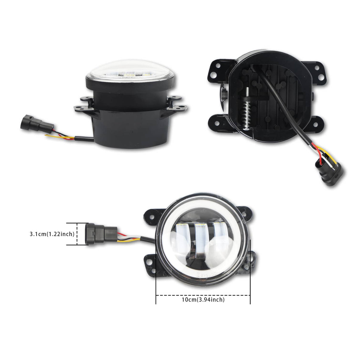 Round black LED fog light/DRL lamp with wiring and mounting bracket, clear lens cap